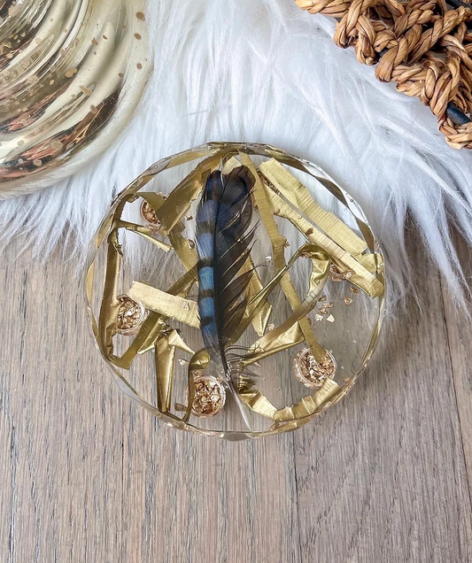 Blue Jay feather Gold Luck Dish